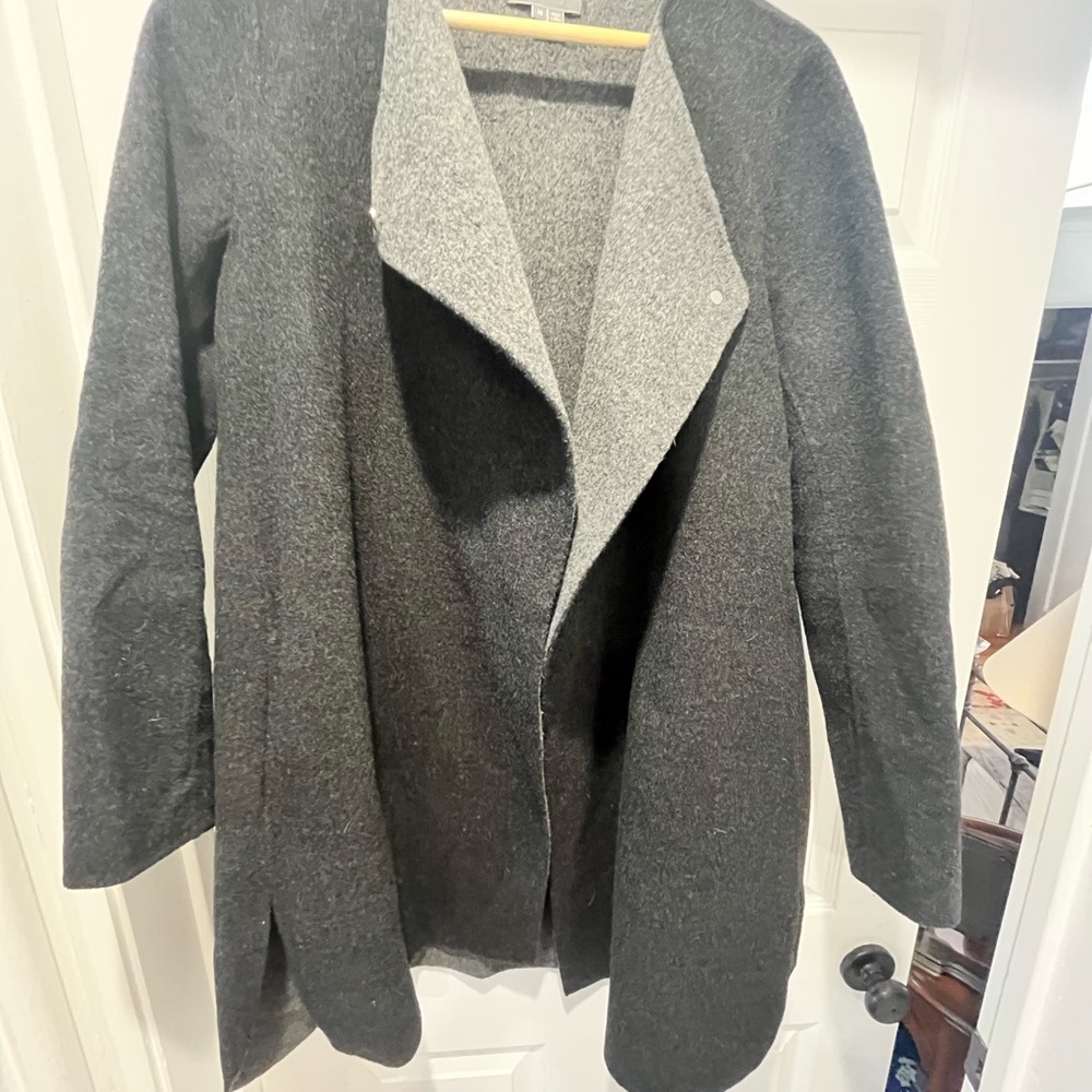 Vince Two-Tone Asymmetrical Wool Blend Coat - Charcoal & Light Gray - Size M